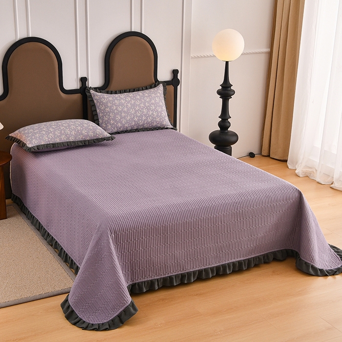 91家纺网 家纺一手货源 找家纺 金艾草2026新款A类纯棉双层纱皱皱纱花边床盖四件套（复古风） 花奴-床盖款