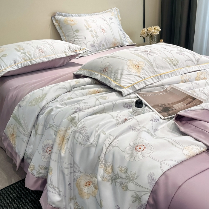 91家纺网 家纺一手货源 找家纺 佳品居 2025新款直播水洗天丝夏被冰丝夏凉被空调被四件套 兮颜紫 