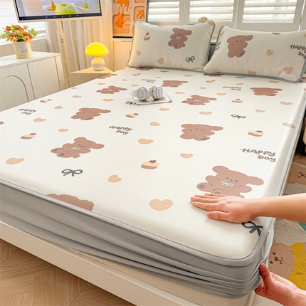 雯豆家纺 2025夏季新品碳光冰丝凉席床笠款三件套印花小清新绑带冰丝席床罩 碳光冰丝席-床笠款-跳跳熊