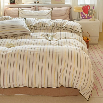 91家纺网 家纺一手货源 找家纺 艾咪 新款贝壳边全棉色织水洗棉四件套三件套 贝壳边且乐绿