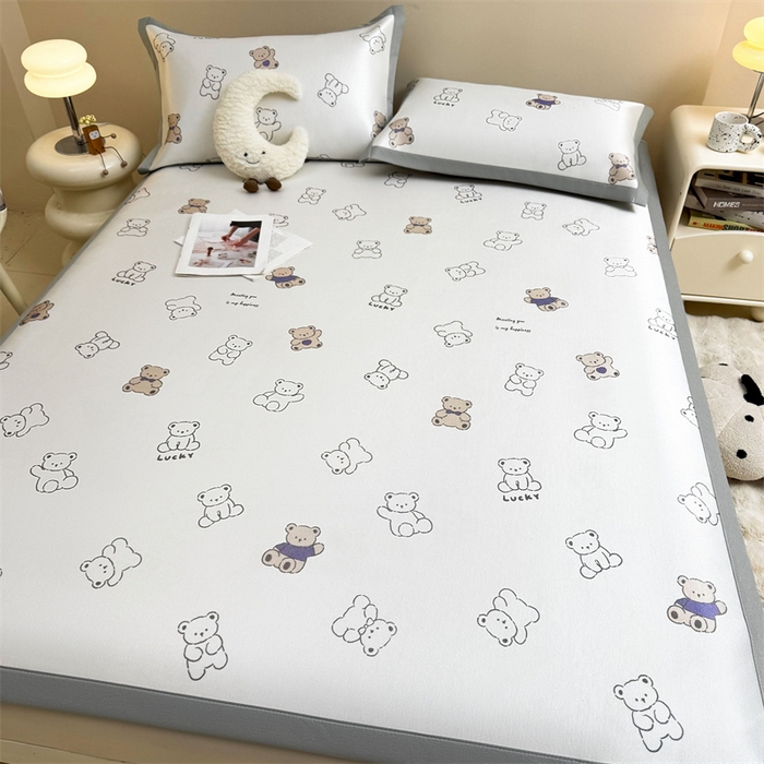 91家纺网 家纺一手货源 找家纺 雯豆家纺 2025夏季新品冰藤印花床笠三件套加厚冰丝软藤席小清新印花床罩单件 冰藤席-床笠款-米洛熊