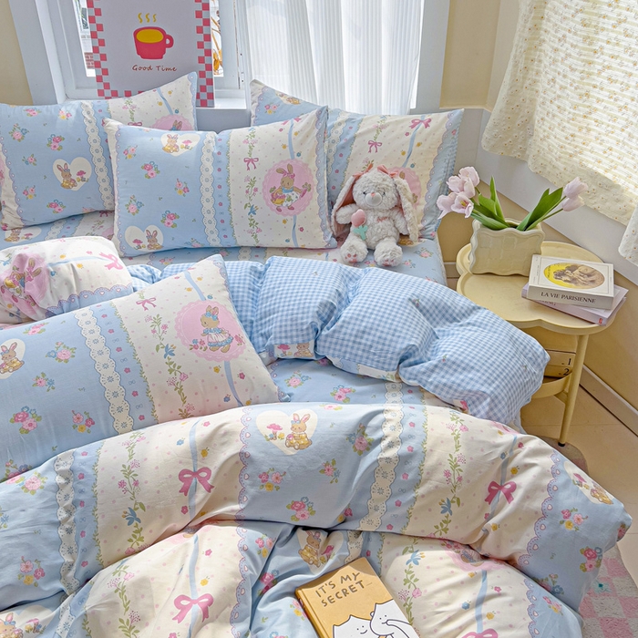 91家纺网 家纺一手货源 找家纺 棉生活家纺 2025新款ins全棉小清新系列四件套 花丛兔