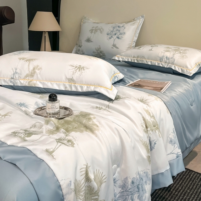 91家纺网 家纺一手货源 找家纺 佳品居 2025新款直播水洗天丝夏被冰丝夏凉被空调被四件套 发财树