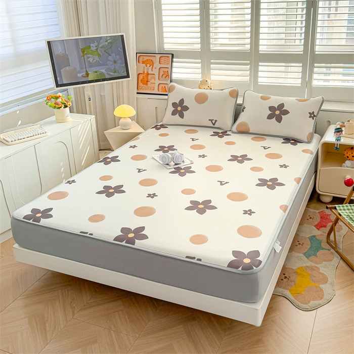 91家纺网 家纺一手货源 找家纺 雯豆家纺 2025夏季新品碳光冰丝凉席床笠款三件套印花小清新绑带冰丝席床罩 碳光冰丝席-床笠款-五瓣花