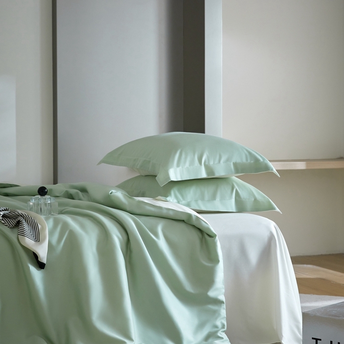 91家纺网 家纺一手货源 找家纺 金奇达2025新款【可芙】-轻氧水光天丝棉四件套（标准号全网控价（折后券后）不低于238元） 可芙-绿+白