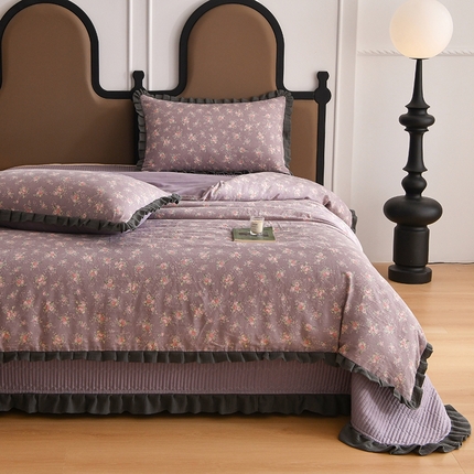 91家纺网 家纺一手货源 找家纺 （总）金艾草2026新款A类纯棉双层纱皱皱纱花边床盖四件套（复古风）