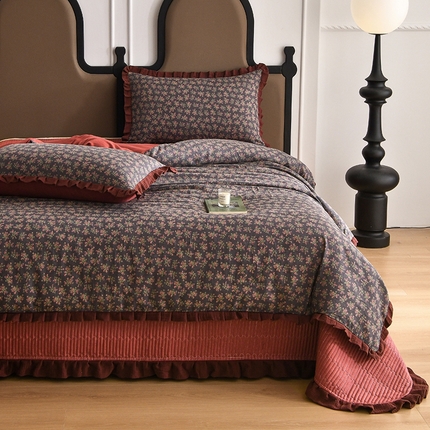 91家纺网 家纺一手货源 找家纺 （总）金艾草2026新款A类纯棉双层纱皱皱纱花边床盖四件套（复古风）