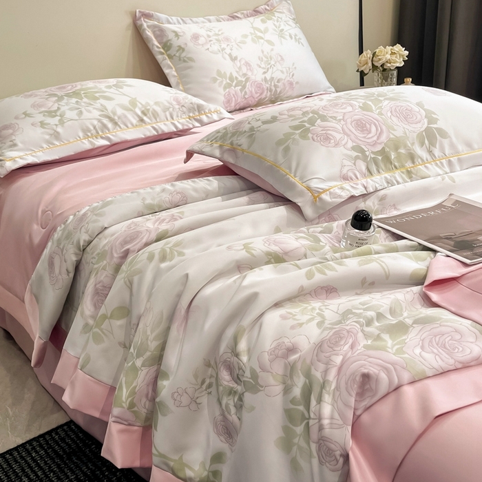 91家纺网 家纺一手货源 找家纺 佳品居 2025新款直播水洗天丝夏被冰丝夏凉被空调被四件套 悦色粉