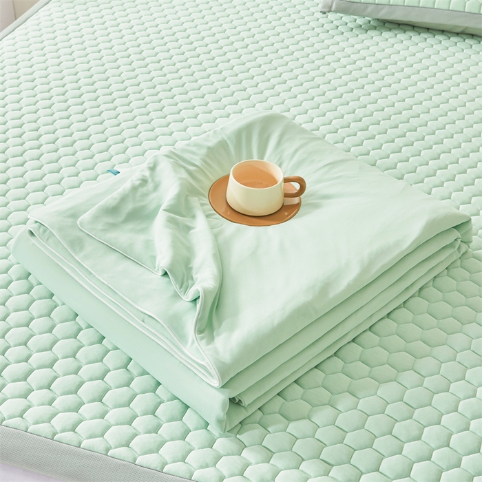 91家纺网 家纺一手货源 找家纺 雯豆家纺 2025夏季新品100%锦纶纯色凉感夏被空调被7A抗菌薄被子可机洗被芯 小冰皮锦纶夏被-水雾绿