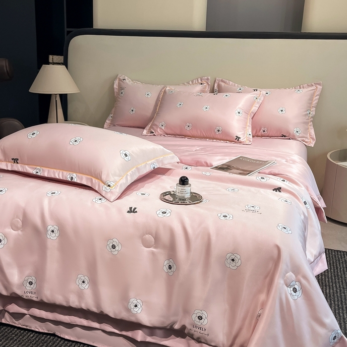 91家纺网 家纺一手货源 找家纺 佳品居 2025新款直播水洗天丝夏被冰丝夏凉被空调被四件套 香格丽粉