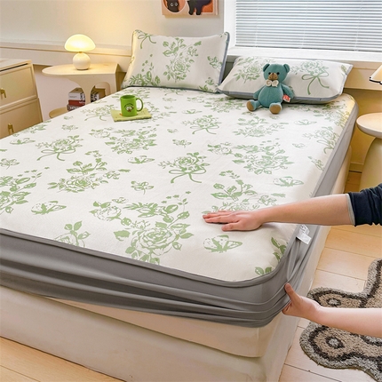 雯豆家纺 2025夏季新品冰藤印花床笠三件套加厚冰丝软藤席小清新印花床罩单件 冰藤席-床笠款-青春印记