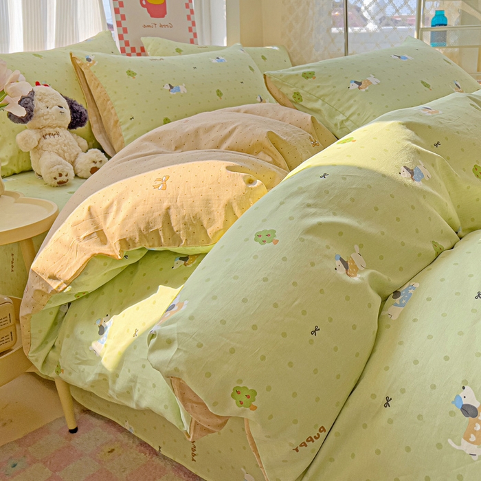 91家纺网 家纺一手货源 找家纺 棉生活家纺 2025新款ins全棉小清新系列四件套 嗨皮狗狗