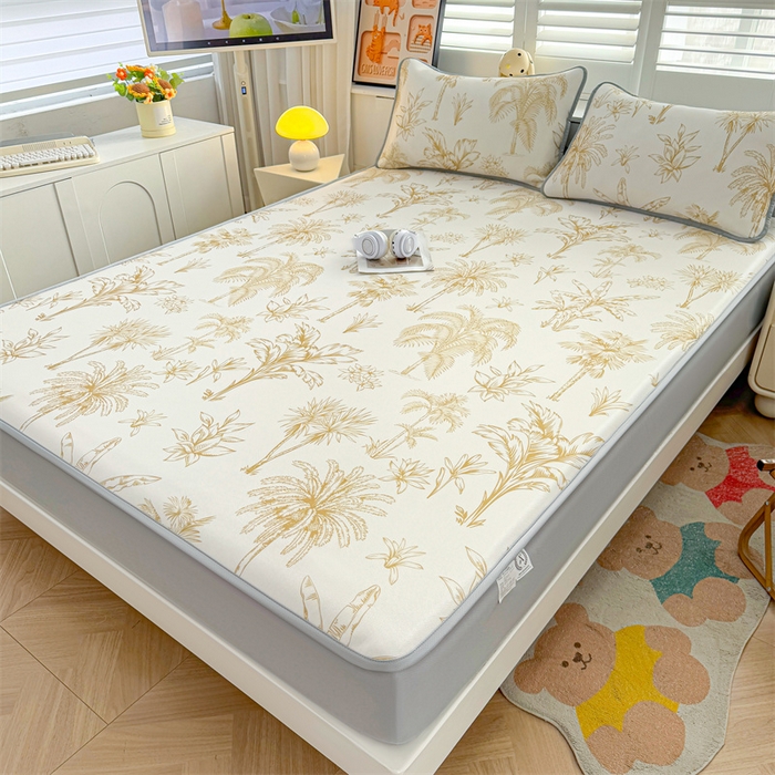 91家纺网 家纺一手货源 找家纺 雯豆家纺 2025夏季新品碳光冰丝凉席床笠款三件套印花小清新绑带冰丝席床罩 碳光冰丝席-床笠款-千枝叶