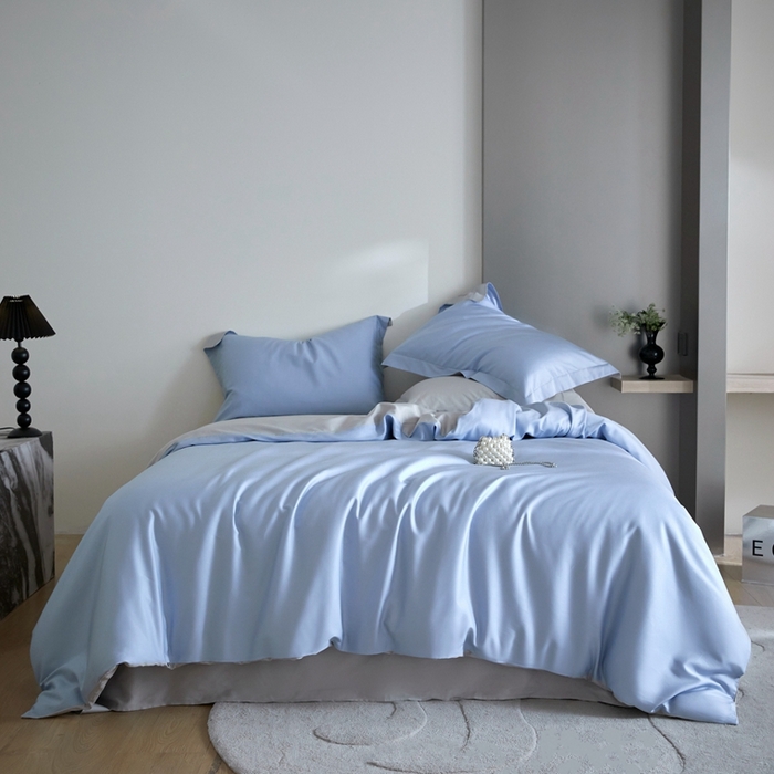 91家纺网 家纺一手货源 找家纺 金奇达2025新款【可芙】-轻氧水光天丝棉四件套（标准号全网控价（折后券后）不低于238元） 可芙-蓝+灰