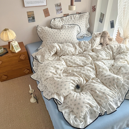 91家纺网 家纺一手货源 找家纺 麦瑞家纺 2025新款A类韩版花边针织双层纱四件套 蔚蓝