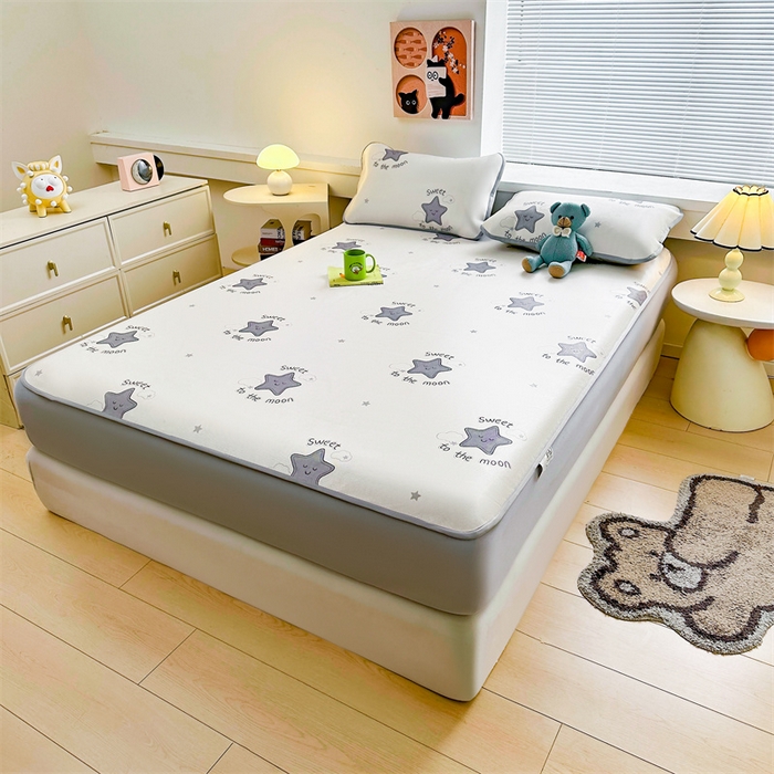 91家纺网 家纺一手货源 找家纺 雯豆家纺 2025夏季新品冰藤印花床笠三件套加厚冰丝软藤席小清新印花床罩单件 冰藤席-床笠款-简约星辰