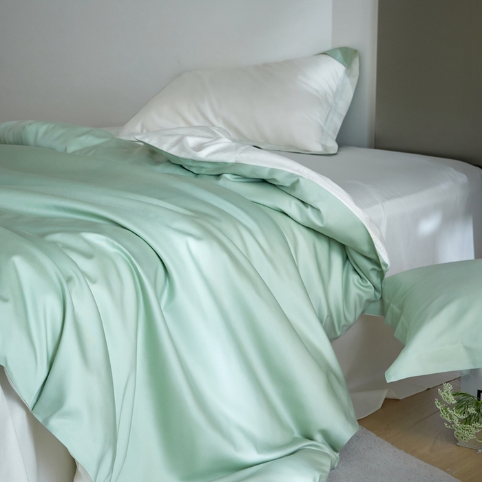 91家纺网 家纺一手货源 找家纺 金奇达2025新款【可芙】-轻氧水光天丝棉四件套（标准号全网控价（折后券后）不低于238元） 可芙-绿+白