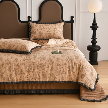 91家纺网 家纺一手货源 找家纺 （总）金艾草2026新款A类纯棉双层纱皱皱纱花边床盖四件套（复古风）