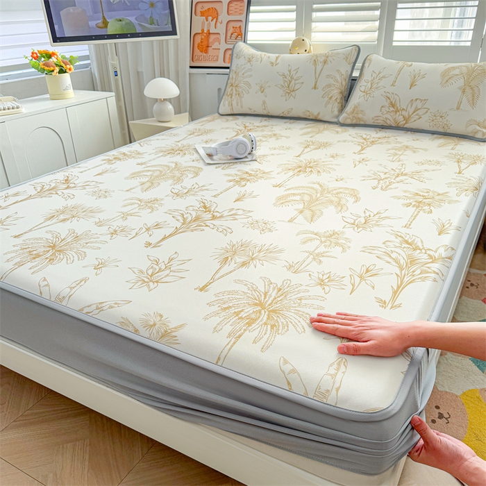 91家纺网 家纺一手货源 找家纺 雯豆家纺 2025夏季新品碳光冰丝凉席床笠款三件套印花小清新绑带冰丝席床罩 碳光冰丝席-床笠款-千枝叶