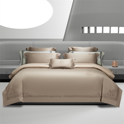 诗黛尔家纺 2025春夏新款100S长绒棉刺绣AB版四件套 -兰蒂系列 兰蒂-卡其色