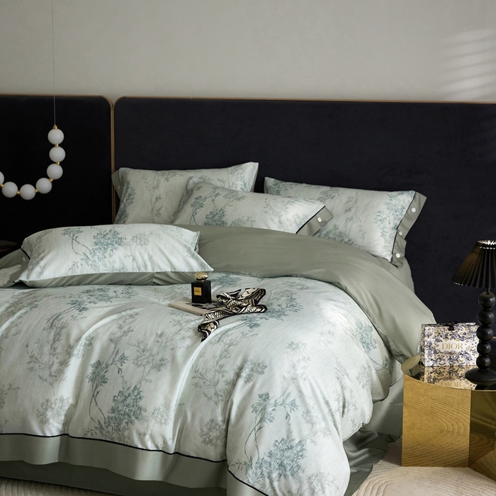 91家纺网 家纺一手货源 找家纺 金奇达2025新款【浮光花漾】-茧养莱赛尔四件套（标准号全网控价（折后券后）不低于258元） 林下风致-蓝