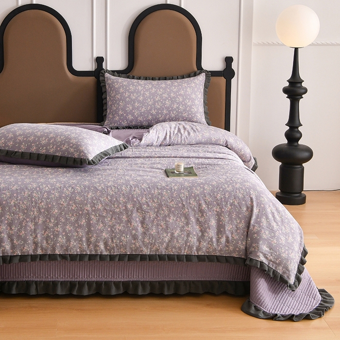 91家纺网 家纺一手货源 找家纺 金艾草2026新款A类纯棉双层纱皱皱纱花边床盖四件套（复古风） 花奴-床盖款