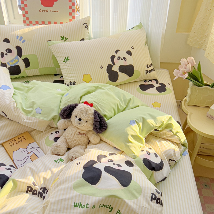 91家纺网 家纺一手货源 找家纺 棉生活家纺 2025新款ins全棉小清新系列四件套 小熊猫