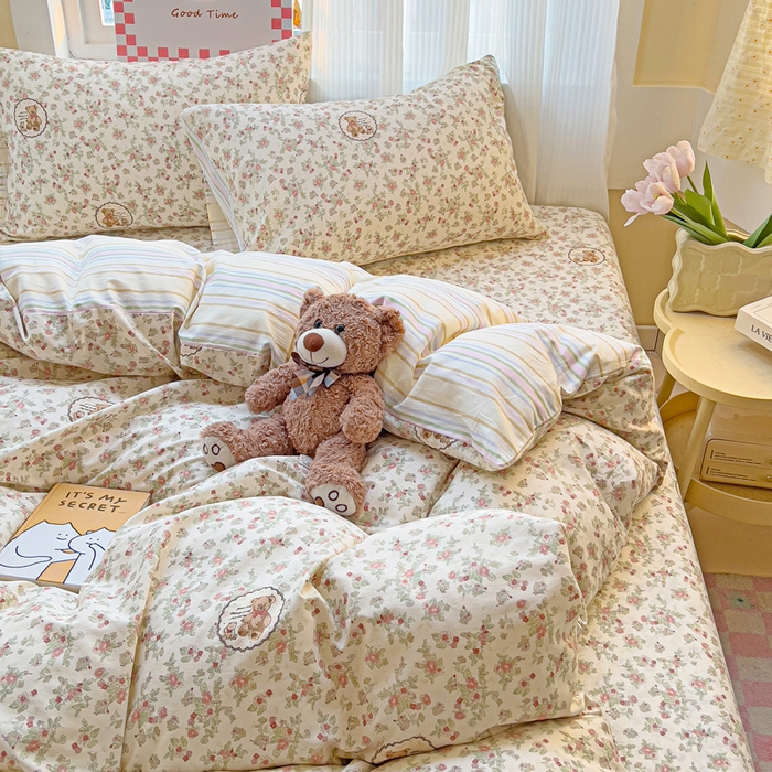 91家纺网 家纺一手货源 找家纺 棉生活家纺 2025新款ins全棉小清新系列四件套 清茶小熊