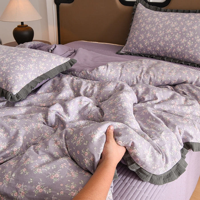 91家纺网 家纺一手货源 找家纺 金艾草2026新款A类纯棉双层纱皱皱纱花边床盖四件套（复古风） 花奴-床盖款