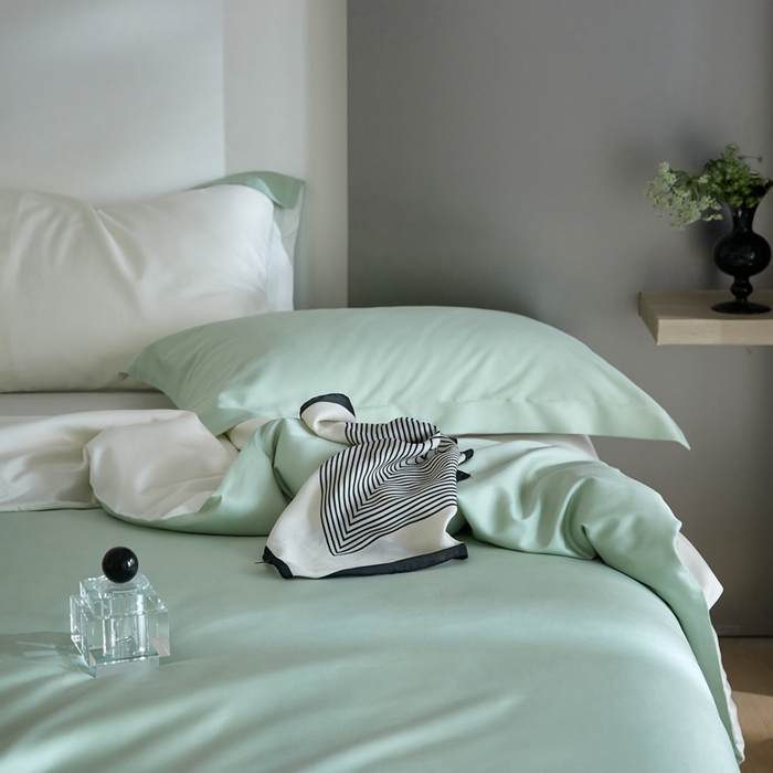 91家纺网 家纺一手货源 找家纺 金奇达2025新款【可芙】-轻氧水光天丝棉四件套（标准号全网控价（折后券后）不低于238元） 可芙-绿+白