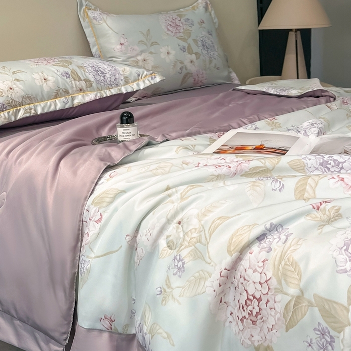 91家纺网 家纺一手货源 找家纺 佳品居 2025新款直播水洗天丝夏被冰丝夏凉被空调被四件套 绣球