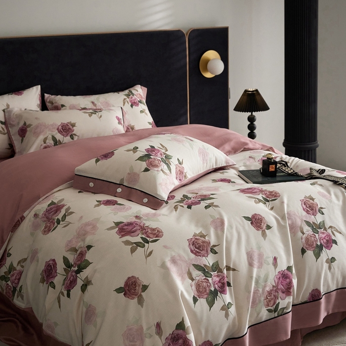 91家纺网 家纺一手货源 找家纺 金奇达2025新款【浮光花漾】-茧养莱赛尔四件套（标准号全网控价（折后券后）不低于258元） 暗夜玫瑰