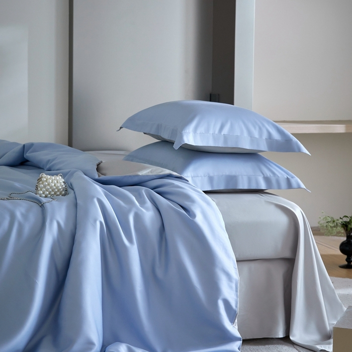 91家纺网 家纺一手货源 找家纺 金奇达2025新款【可芙】-轻氧水光天丝棉四件套（标准号全网控价（折后券后）不低于238元） 可芙-蓝+灰