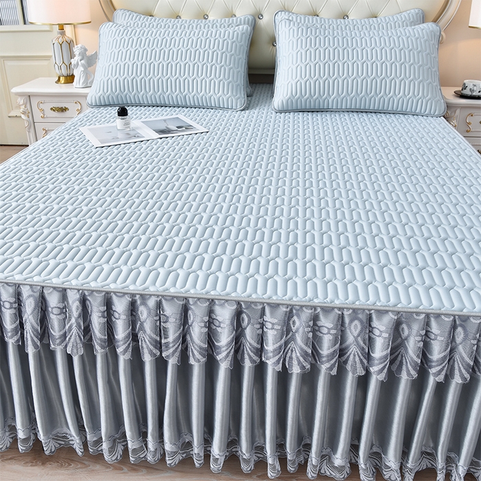 91家纺网 家纺一手货源 找家纺 诺梵 2025新款可拆卸乳胶凉席三件套床裙款 可拆蓝灰