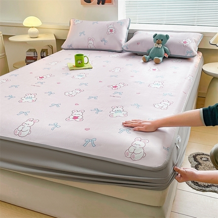 雯豆家纺 2025夏季新品冰藤印花床笠三件套加厚冰丝软藤席小清新印花床罩单件 冰藤席-床笠款-爱心兔