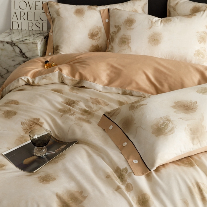 91家纺网 家纺一手货源 找家纺 金奇达2025新款【浮光半夏】-茧养莱赛尔四件套（标准号全网控价（折后券后）不低于258元） 满庭芳-松咖