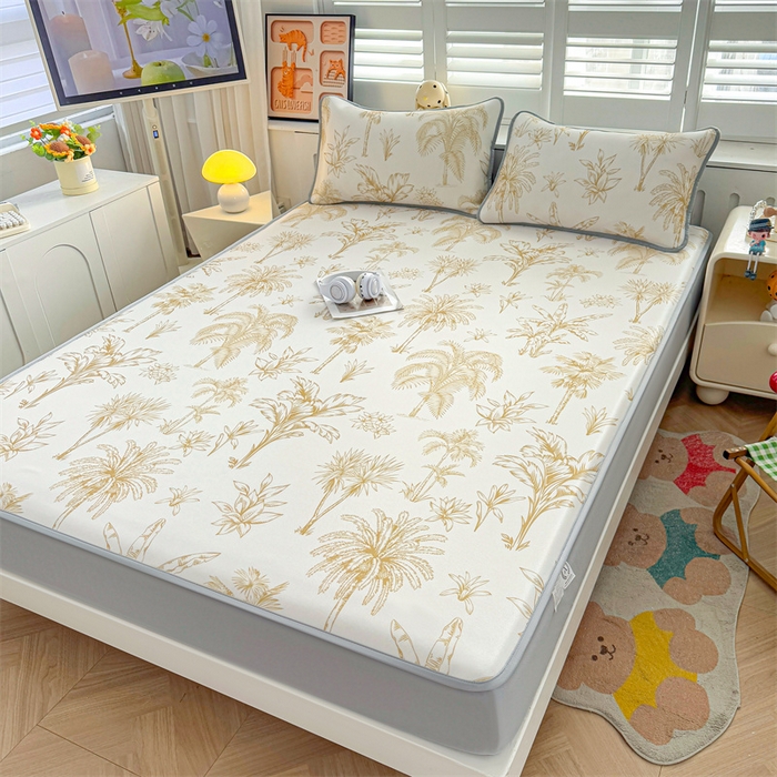 91家纺网 家纺一手货源 找家纺 雯豆家纺 2025夏季新品碳光冰丝凉席床笠款三件套印花小清新绑带冰丝席床罩 碳光冰丝席-床笠款-千枝叶