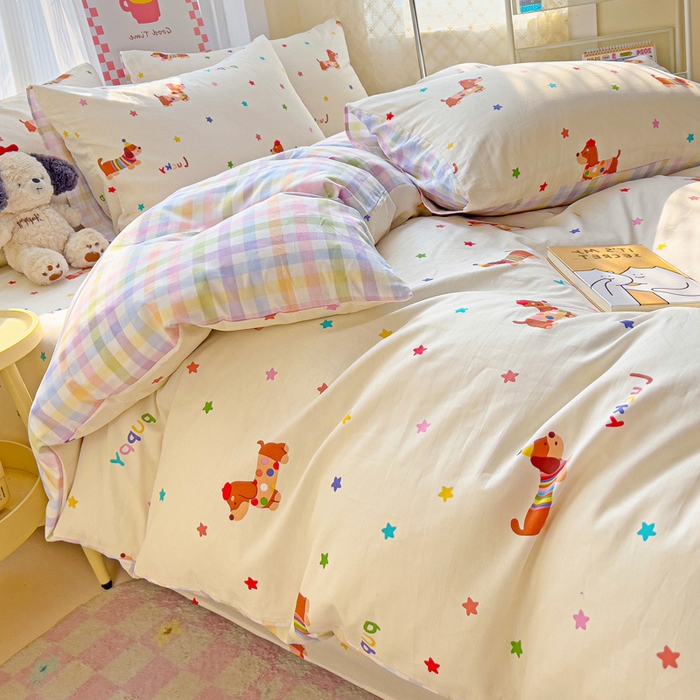 91家纺网 家纺一手货源 找家纺 棉生活家纺 2025新款ins全棉小清新系列四件套 狗狗联盟