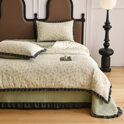 91家纺网 家纺一手货源 找家纺 （总）金艾草2026新款A类纯棉双层纱皱皱纱花边床盖四件套（复古风）