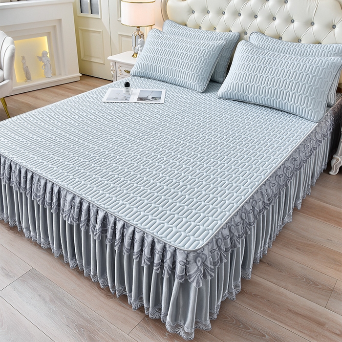 91家纺网 家纺一手货源 找家纺 诺梵 2025新款可拆卸乳胶凉席三件套床裙款 可拆蓝灰