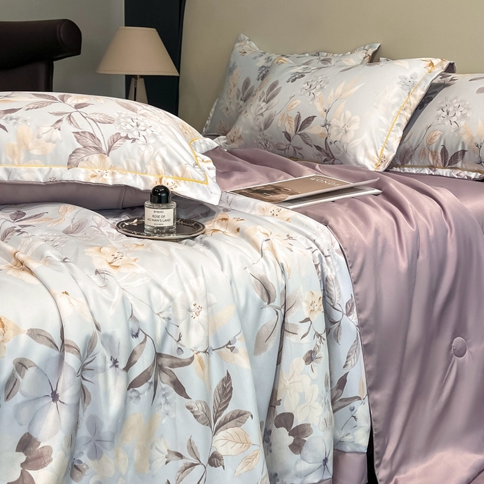 91家纺网 家纺一手货源 找家纺 佳品居 2025新款直播水洗天丝夏被冰丝夏凉被空调被四件套 羽叶