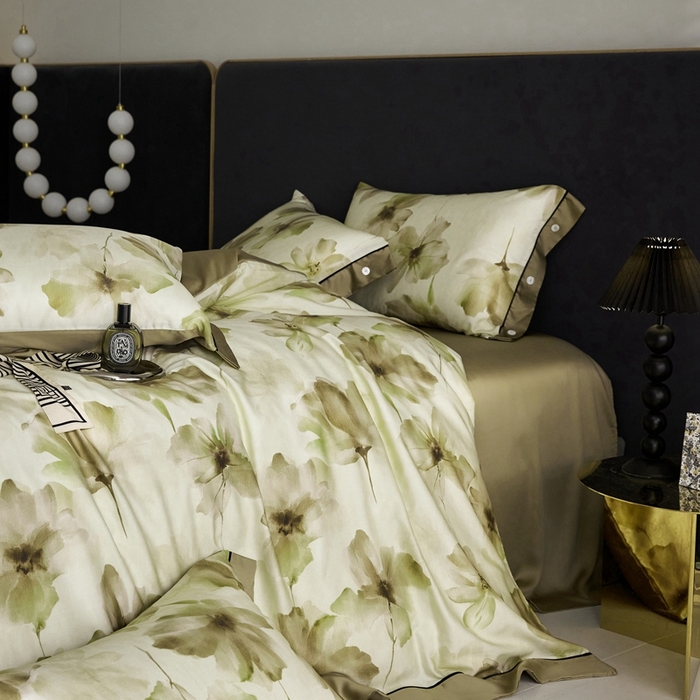 91家纺网 家纺一手货源 找家纺 金奇达2025新款【浮光花漾】-茧养莱赛尔四件套（标准号全网控价（折后券后）不低于258元） 南栀-古绿