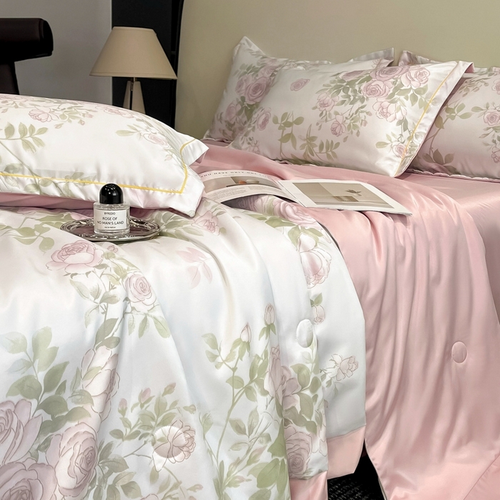 91家纺网 家纺一手货源 找家纺 佳品居 2025新款直播水洗天丝夏被冰丝夏凉被空调被四件套 悦色粉