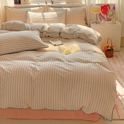 91家纺网 家纺一手货源 找家纺 艾咪 新款贝壳边全棉色织水洗棉四件套三件套 贝壳边海岸绿