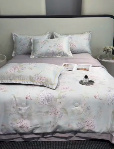 91家纺网 家纺一手货源 找家纺 佳品居 2025新款直播水洗天丝夏被冰丝夏凉被空调被四件套 绣球