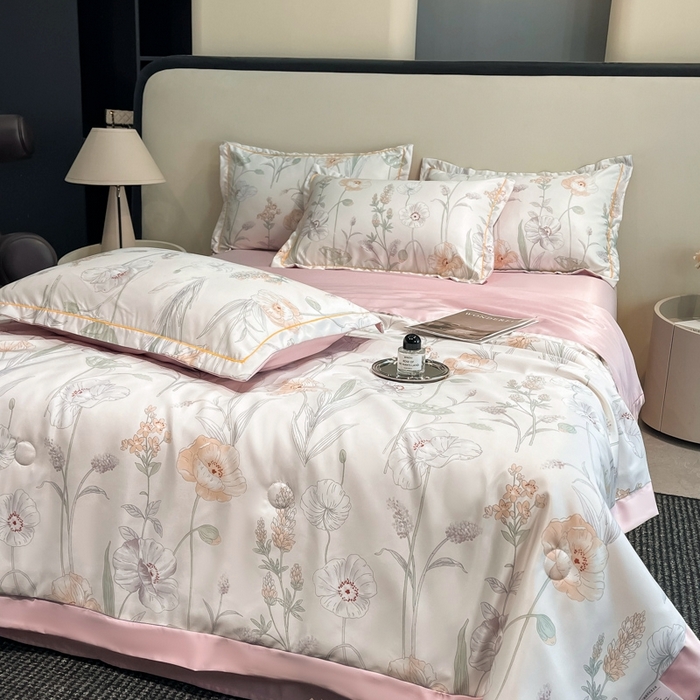 91家纺网 家纺一手货源 找家纺 佳品居 2025新款直播水洗天丝夏被冰丝夏凉被空调被四件套 兮颜粉