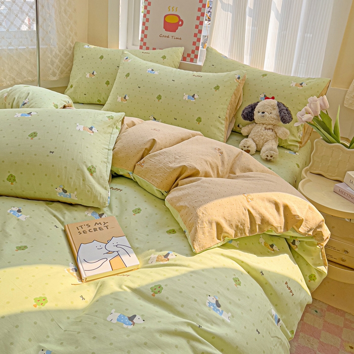 91家纺网 家纺一手货源 找家纺 棉生活家纺 2025新款ins全棉小清新系列四件套 嗨皮狗狗