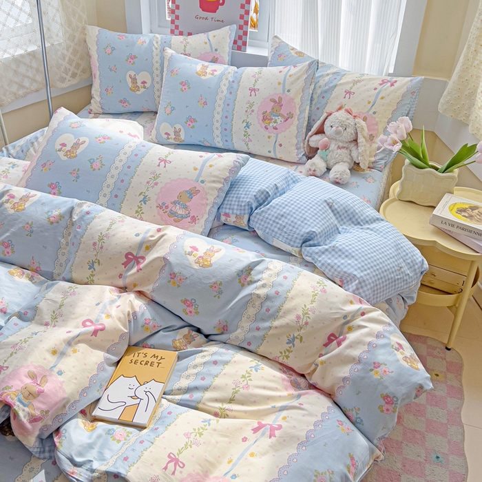 91家纺网 家纺一手货源 找家纺 棉生活家纺 2025新款ins全棉小清新系列四件套 花丛兔