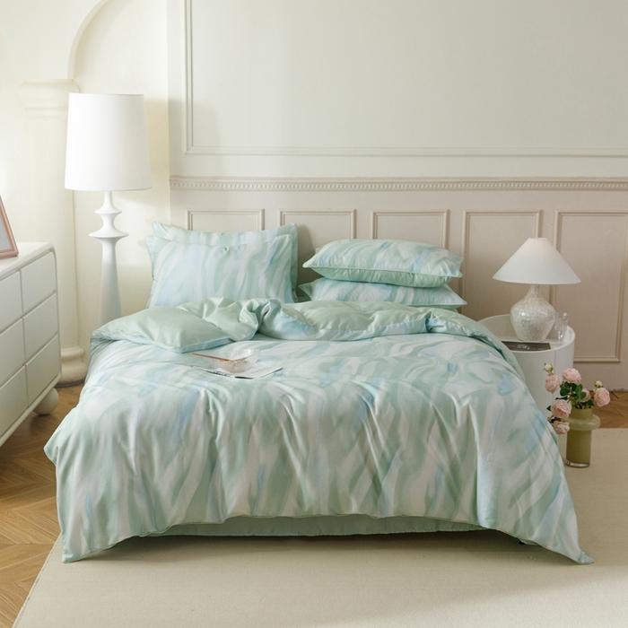 91家纺网 家纺一手货源 找家纺 金奇达2025新款【格林】-轻氧水光莱赛尔四件套（标准号全网控价（折后券后）不低于268元） 格林-水绿