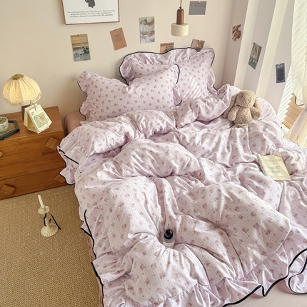 91家纺网 家纺一手货源 找家纺 麦瑞家纺 2025新款A类韩版花边针织双层纱四件套 豆蔻紫